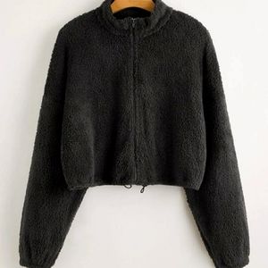 Cropped Drawstring hem fluffy jacket